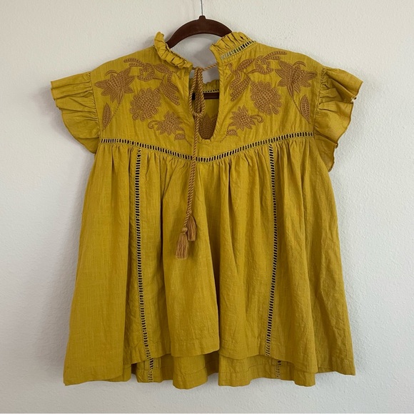Ivy Jane Marigold Embroidered Ruffle Boho Tie Back Blouse Size S/M - Picture 5 of 6